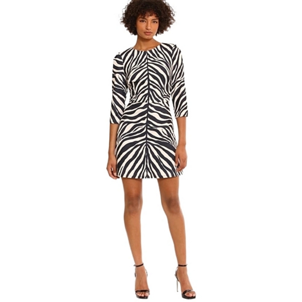 Donna Morgan Black & Cream Zebra Sleek Extended Shoulder Crepe Sheath Dress